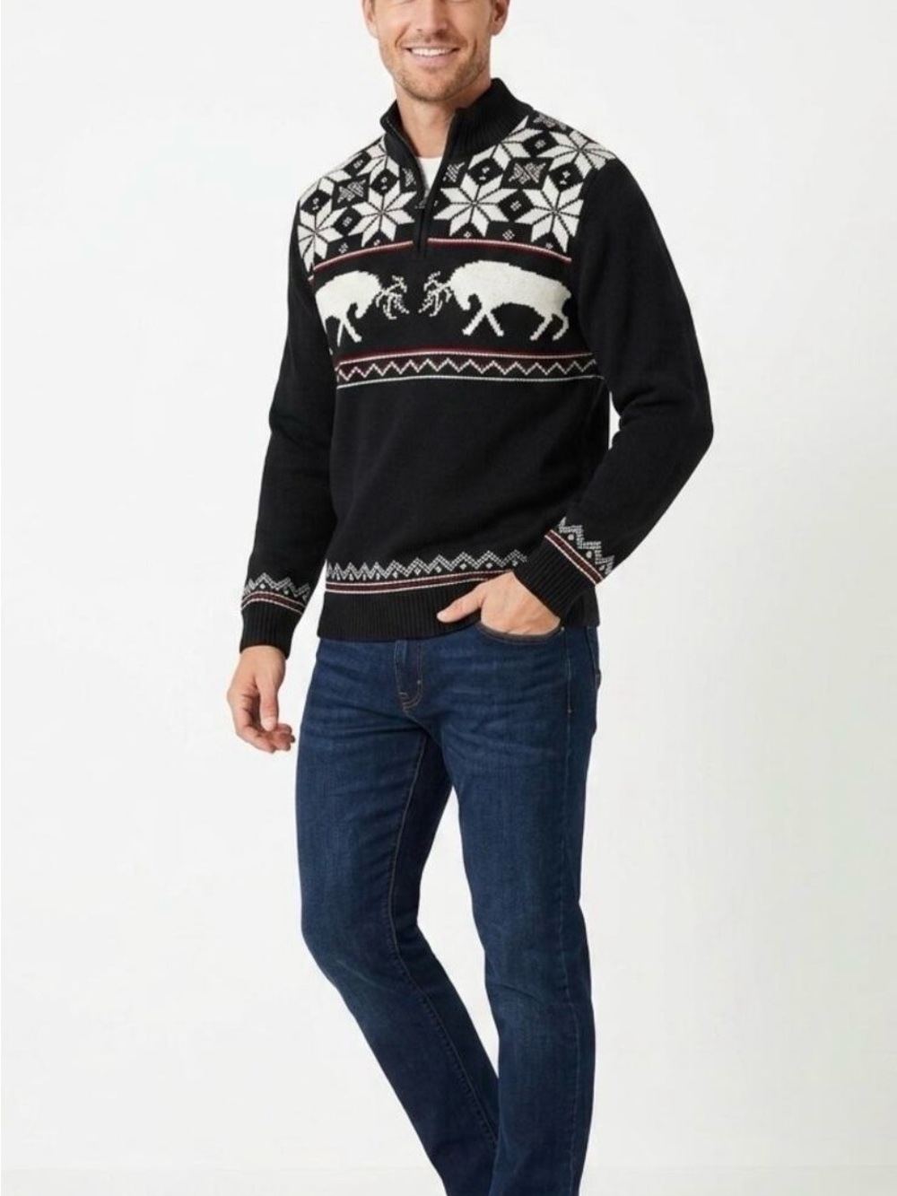 Chaps Black/Navy Nordic Reindeer Zip-Up Sweater, Large Like New 100% Cotton